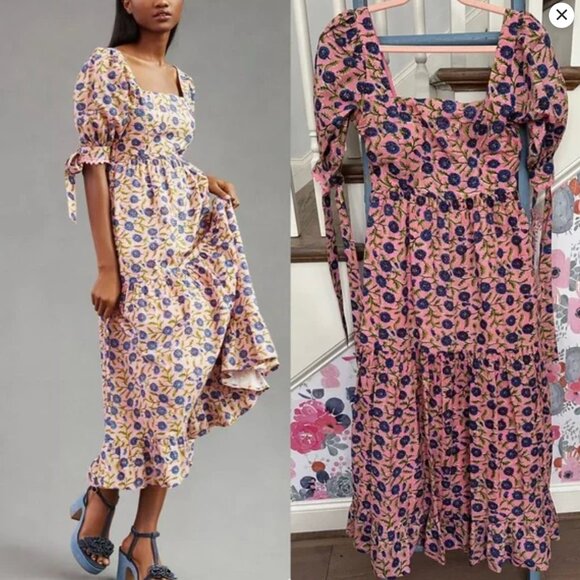 Eddy Barbara Square Neck 100% BCI Cotton Dress Pale Magenta & Indigo Floral 16 - Picture 1 of 13